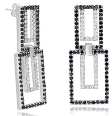 LARGE 2.39CT WHITE & BLACK DIAMOND 18K WHITE GOLD DOUBLE SQUARE HANGING EARRINGS