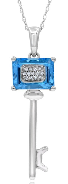 3.20CT DIAMOND & AAA BLUE TOPAZ 14KT WHITE GOLD EMERALD CUT & ROUND LOVE PENDANT