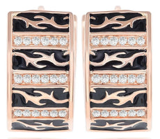 ESTATE WIDE .20CT DIAMOND & BLACK ENAMEL 14KT ROSE GOLD 3D HOOP HANGING EARRINGS