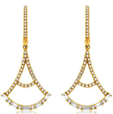 .69CT DIAMOND 14K YELLOW GOLD ROUND & BAGUETTE TRIANGULAR FUN HANGING EARRINGS