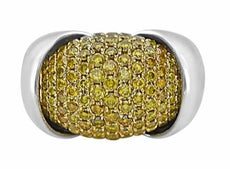 ESTATE 4.20CT FANCY YELLOW DIAMOND 18K 2 TONE GOLD PAVE OVAL SEMI BEZEL FUN RING
