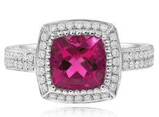 WIDE 3.30CT DIAMOND & AAA PINK TOURMALINE 18K WHITE GOLD 3D CUSHION & ROUND RING