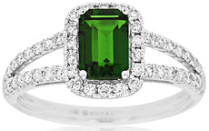 1.45CT DIAMOND & AAA RUSSALITE 14KT WHITE GOLD EMERALD CUT HALO ENGAGEMENT RING