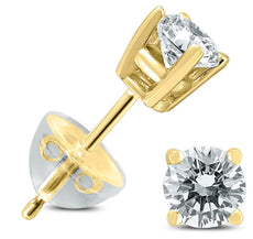 ESTATE 0.5CT DIAMOND 14K YELLOW GOLD 3D ROUND SOLITAIRE FOUR PRONG STUD EARRINGS