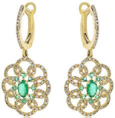 1.18CT DIAMOND & AAA EMERALD 14KT YELLOW GOLD 3D FLOWER CLIP ON HANGING EARRINGS