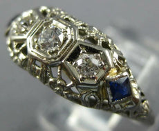 ANTIQUE .15CT OLD MINE DIAMOND & AAA SAPPHIRE 14KT WHITE GOLD 3D ART DECO RING