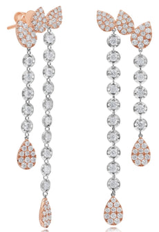 1.96CT DIAMOND 14KT WHITE & ROSE GOLD ROUND MULTI LEAF DOUBLE TEAR DROP EARRINGS