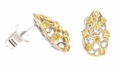 .32CT FANCY YELLOW DIAMOND 18K 2 TONE GOLD OPEN FILIGREE TEAR DROP STUD EARRINGS