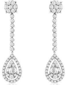 1.58CT DIAMOND 14KT WHITE GOLD ROUND & BAGUETTE CLUSTER FLOWER HANGING EARRINGS