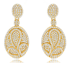 1.25CT DIAMOND 14KT YELLOW GOLD 3D ROUND MULTI LEAF DOUBLE OVAL HANGING EARRINGS