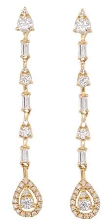 .65CT DIAMOND 14KT YELLOW GOLD 3D ROUND & BAGUETTE BY THE YARD HANGING EARRINGS
