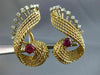 ANTIQUE LARGE 2.60CT DIAMOND & AAA RUBY 18K 2 TONE GOLD 3D LEAF CLIP ON EARRINGS