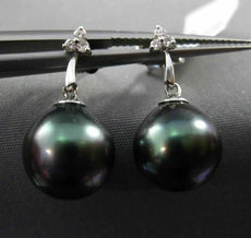 ESTATE .06CT DIAMOND 14KT WHITE GOLD AAA TAHITIAN PEARL 3 STONE HANGING EARRINGS