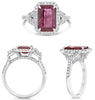 LARGE 4.18CT DIAMOND & AAA RUBY PLATINUM EMERALD CUT & TRAPEZOID ENGAGEMENT RING