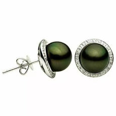 ESTATE .10CT DIAMOND & AAA TAHITIAN PEARL 14KT WHITE GOLD 3D HALO STUD EARRINGS