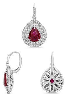 4.97CT DIAMOND & AAA RUBY 18KT WHITE GOLD 3D PEAR SHAPE & ROUND HANGING EARRINGS