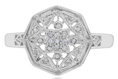 ESTATE WIDE .11CT DIAMOND 14KT WHITE GOLD 3D OCTAGON OPEN FILIGREE STAR FUN RING