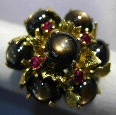 ANTIQUE LARGE 12.45CT AAA RUBY & STAR SAPPHIRE 14KT YELLOW GOLD 3D FLOWER RING