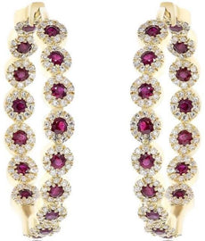 2.02CT DIAMOND & AAA RUBY 14KT YELLOW GOLD 3D MULTI FLOWER HOOP HANGING EARRINGS
