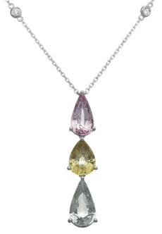8.20CT DIAMOND & AAA MULTI COLOR SAPPHIRE 18KT WHITE GOLD 3 STONE LOVE NECKLACE