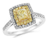 WIDE 1.19CT WHITE & FANCY YELLOW DIAMOND 18K 2 TONE GOLD CUSHION ENGAGEMENT RING