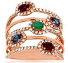 WIDE 1.7CT DIAMOND & AAA MULTI GEM 14K ROSE GOLD OVAL & ROUND MULTI ROW FUN RING