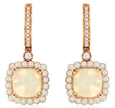 3.48CT DIAMOND & AAA OPAL 14KT ROSE GOLD CUSHION & ROUND HALO HANGING EARRINGS