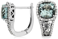 3.25CT DIAMOND & AAA AQUAMARINE 14KT WHITE GOLD 3D CUSHION & ROUND HALO EARRINGS