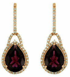 4.40CT DIAMOND & AAA RHODOLITE 14KT ROSE GOLD PEAR SHAPE HALO LEVERBACK EARRINGS