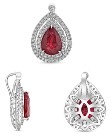1.6CT DIAMOND & AAA RUBY 18K WHITE GOLD PEAR SHAPE & ROUND FILIGREE HALO PENDANT