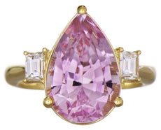 EXTRA LARGE 8.72CT DIAMOND & AAA KUNZITE 18K YELLOW GOLD 3D 3 STONE CLASSIC RING