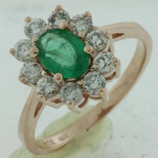 1.55CT DIAMOND & AAA EMERALD 14KT ROSE GOLD 3D OVAL & ROUND FRIENDSHIP LOVE RING