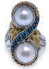 LARGE AAA BLUE SPINEL & PEARL 18KT YELLOW GOLD & 925 SILVER 3D CRISS CROSS RING