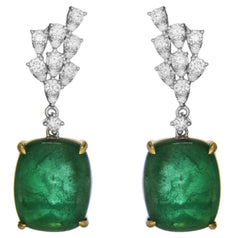 25.05CT DIAMOND & AAA EMERALD 18KT 2 TONE GOLD CUSHION & ROUND HANGING EARRINGS