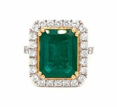 LARGE 7.64CT DIAMOND & AAA EMERALD 18KT 2 TONE GOLD SQUARE HALO ENGAGEMENT RING