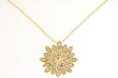 .12CT DIAMOND 14K YELLOW GOLD CLASSIC ROUND 3D FLOWER SUN BURST FLOATING PENDANT