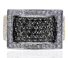 WIDE 2.19CT WHITE CHOCOLATE FANCY & BLACK DIAMOND 14K 2 TONE GOLD 3D SQUARE RING