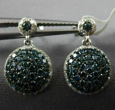 ESTATE .90CT WHITE & BLUE DIAMOND 14KT WHITE GOLD ROUND CLUSTER HANGING EARRINGS