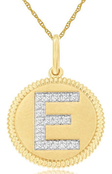 .09CT DIAMOND 14KT YELLOW GOLD ROUND CLASSIC E INITIAL FILIGREE FLOATING PENDANT