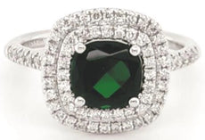 ESTATE LARGE 1.77CT DIAMOND & AAA TSAVORITE 18KT WHITE GOLD CUSHION & ROUND RING