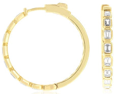 1.60CT DIAMOND 14KT YELLOW GOLD EMERALD CUT BEZEL 9 STONE HOOP HANGING EARRINGS