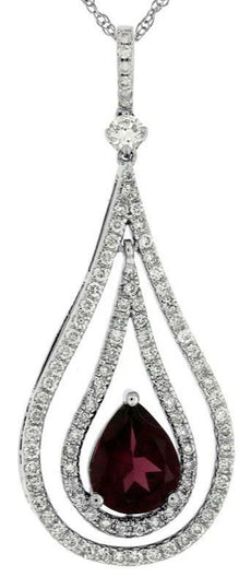 2.42CT DIAMOND & AAA RHODOLITE 14KT WHITE GOLD DOUBLE TEAR DROP FLOATING PENDANT
