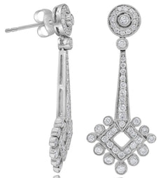 1.18CT DIAMOND 18KT WHITE GOLD ROUND FLORAL TEAR DROP FILIGREE HANIGING EARRINGS