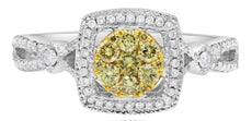 .59CT WHITE & FANCY YELLOW DIAMOND 18KT 2 TONE GOLD CLUSTER FLOWER FILIGREE RING
