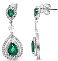 2.96CT DIAMOND & AAA EMERALD 18KT WHITE GOLD PEAR SHAPE & ROUND HANGING EARRINGS