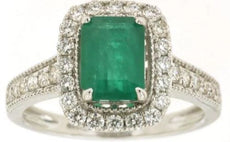 1.12CT DIAMOND & AAA EMERALD 14KT WHITE GOLD 3D EMERALD CUT HALO ENGAGEMENT RING