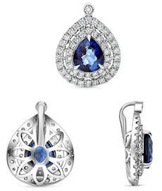 1.98CT DIAMOND & AAA SAPPHIRE PLATINUM 3D PEAR SHAPE & ROUND DOUBLE HALO PENDANT