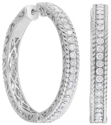 ESTATE 1.43CT DIAMOND 18KT WHITE GOLD 3D CLASSIC FILIGREE HOOP HANGING EARRINGS