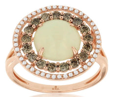 2.5CT WHITE & MOCHA DIAMOND & AAA OPAL 14KT ROSE GOLD ROUND DOUBLE HALO FUN RING