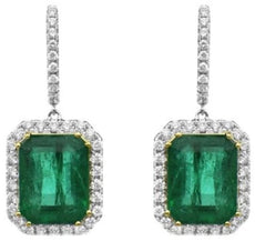 LARGE 5.39CT DIAMOND & AAA EMERALD 18KT 2 TONE GOLD EMERALD CUT & ROUND EARRINGS